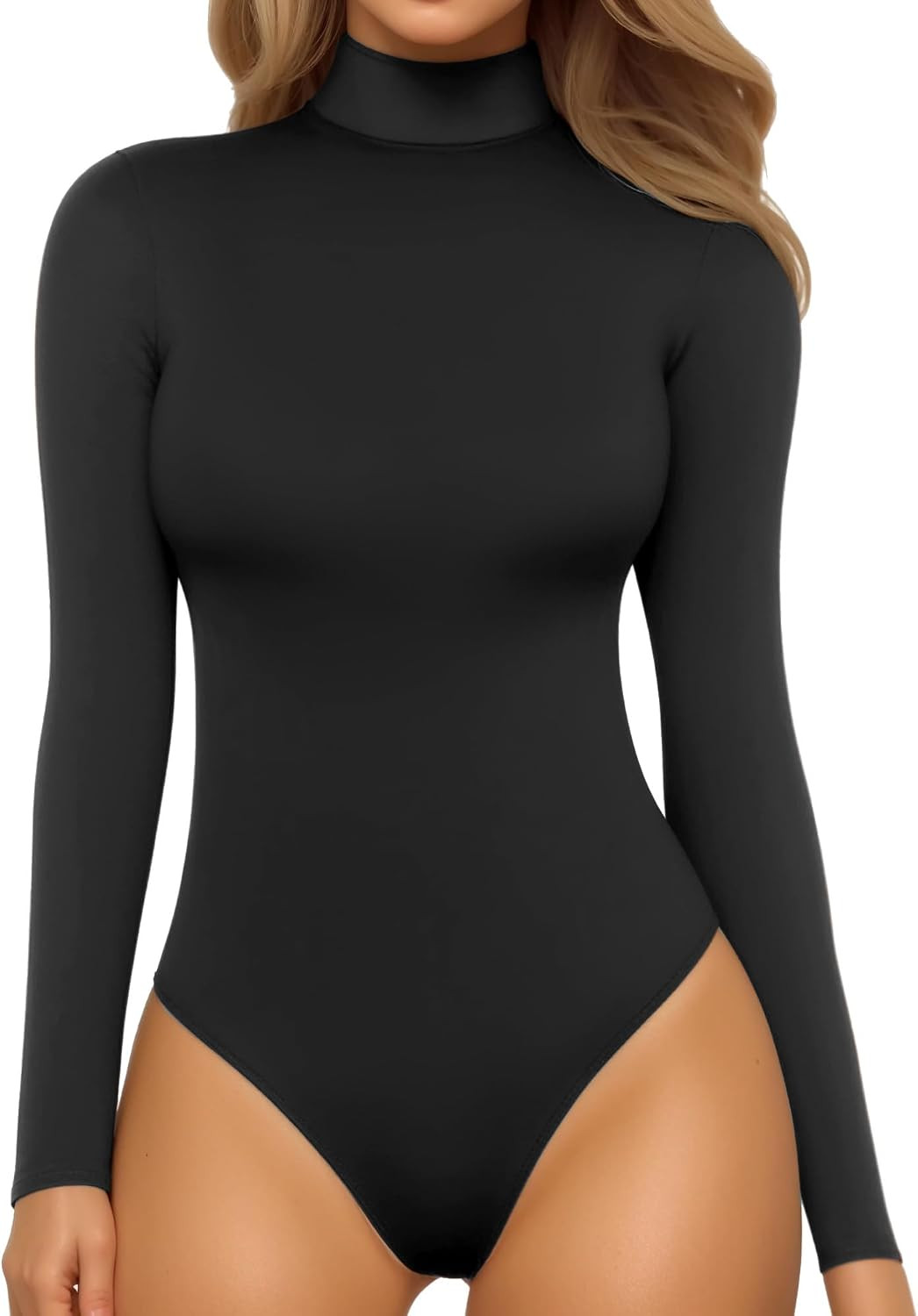 MANGOPOP Women's Mock Turtle Neck Long Sleeve Tops Bodysuit Jumpsuit | Amazon (US)