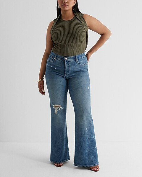 Mid Rise Medium Wash Ripped Splatter Paint 70s Flare Jeans | Express