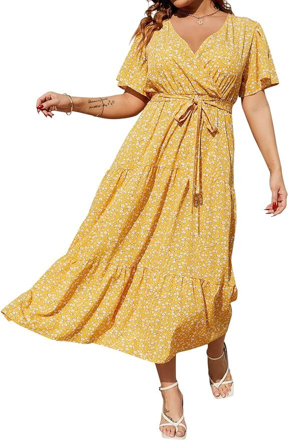 KOJOOIN Women Plus Size V Neck Wrap Maxi Dress Flutter Short Sleeve High Waist Ruffle Summer Casu... | Amazon (US)