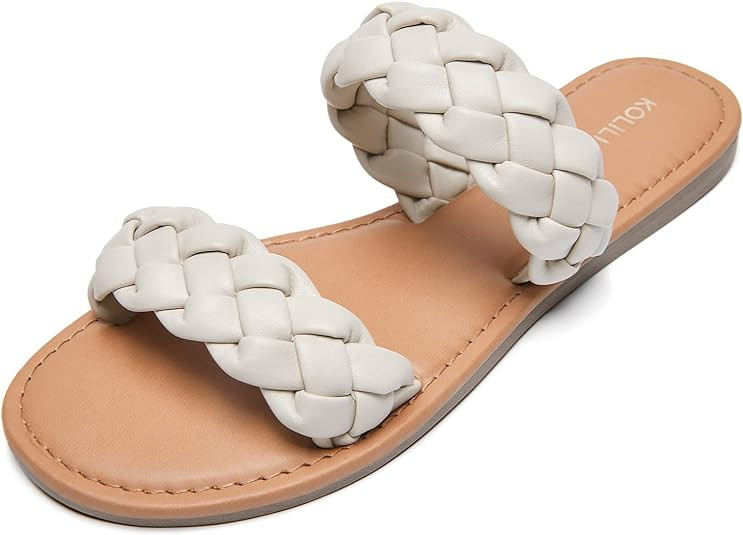 KOLILI Flat Sandals for Women Braided Leather Strap Open Toe Slip On Slides Slippers Sandals | Amazon (US)