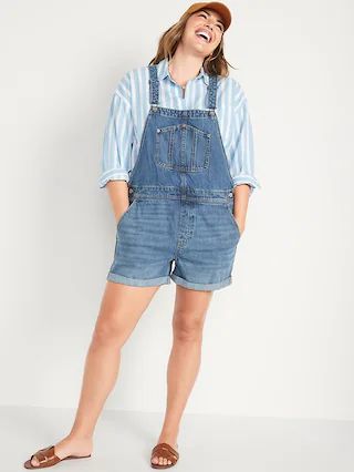 Slouchy Straight Workwear Medium-Wash Non-Stretch Jean Short Overalls for Women -- 3.5-inch insea... | Old Navy (CA)