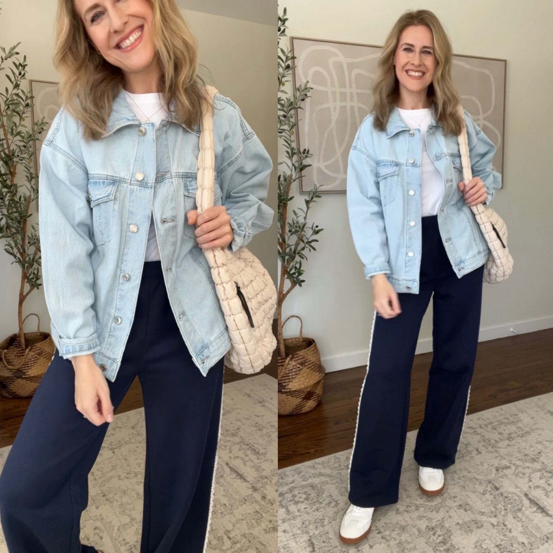 Walmart outfit idea with these wide leg lace trim sweatpants (fit tts
I’m a small) a denim jacket (I went up to medium). Love all these pieces and will be wearing on repeat. Easy to personalize with your own fun bag and sneakers. #walmartfashion 

#LTKOver40