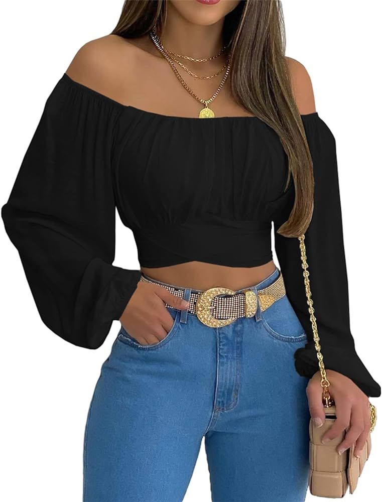 MIRACMODA Woman Off Shoulder Ruched Tie Back Crop Top Summer Lantern Sleeve Boho Shirt Blouse | Amazon (US)