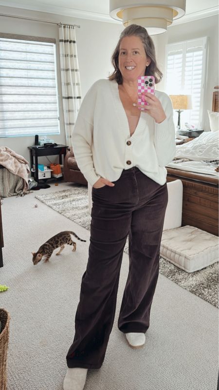 These high waisted, corduroy pants from @target are so stinking cute and comfy to boot. Lots of stretch and great quality too. 

I would size down, I’m in an 8 here not my normal 10/12.

Paired it with a cream cardigan for a classic fall look  

#LTKsalealert #LTKstyletip #LTKover40