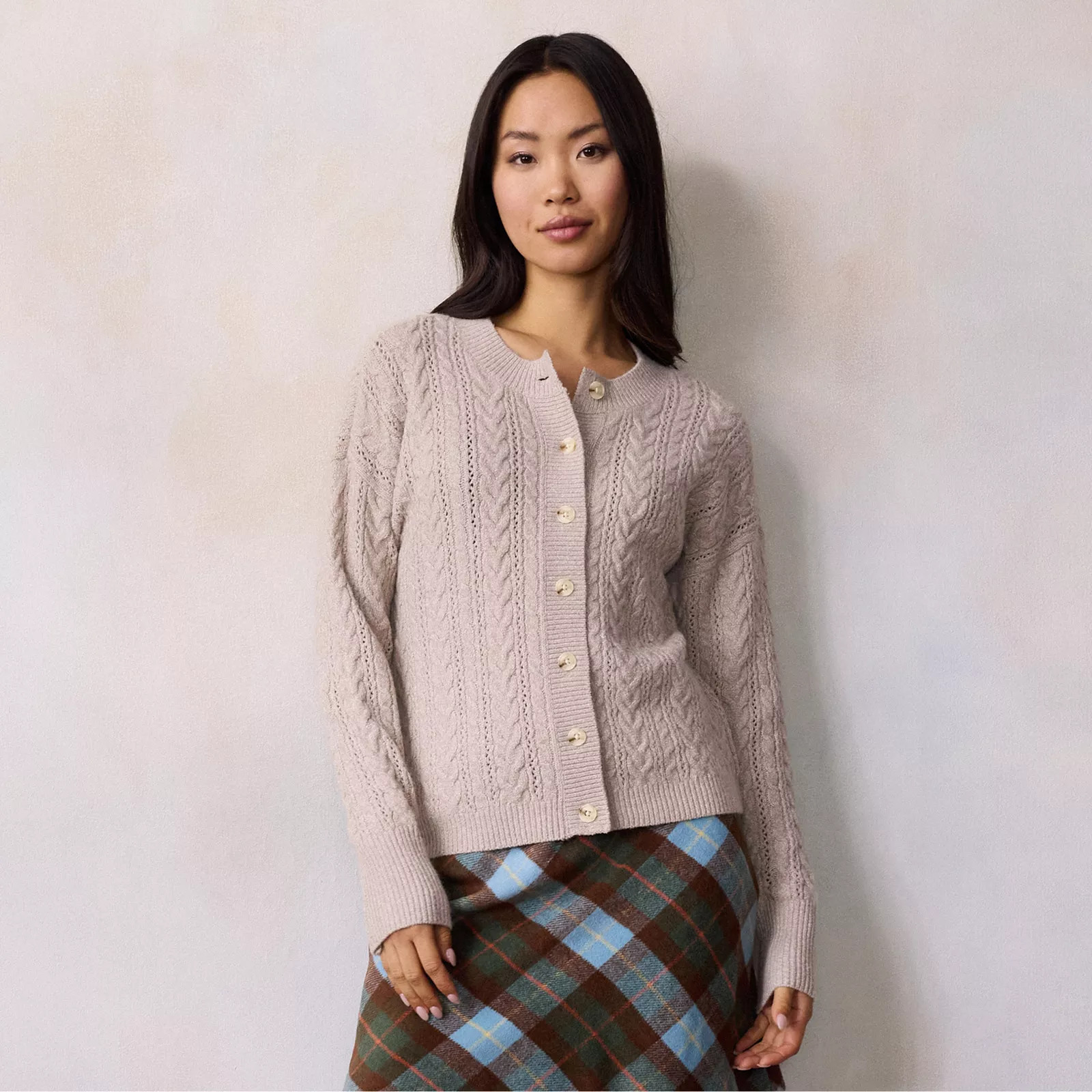 Women's LC Lauren Conrad Crewneck Pointelle Cable Sweater Cardigan, Size: Medium, Black Olive | Kohl's