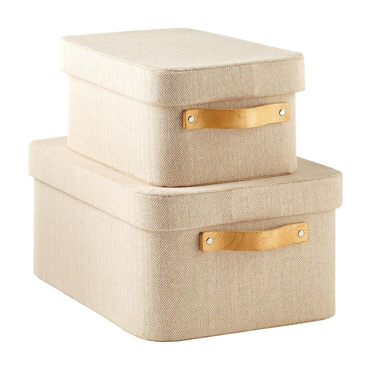 Natural Herringbone Storage Boxes with Wooden Handles | The Container Store