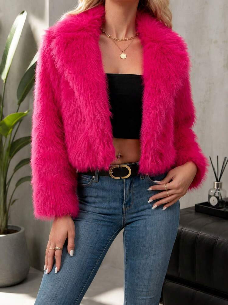 Faux Fur Lapel Collar Long Sleeve Cropped Jacket Fall Winter Casual Outerwear | SHEIN