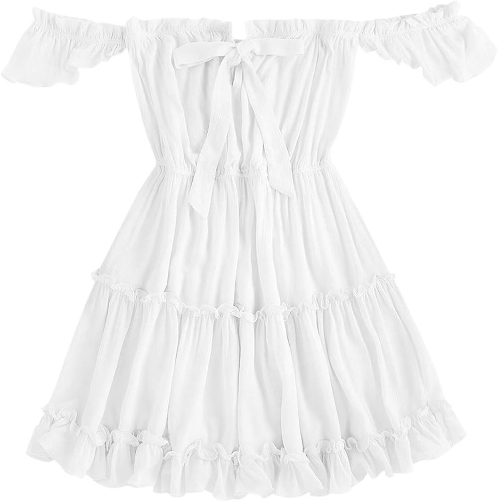 ZAFUL Women's Off Shoulder Short Sleeve Bowknot Ruffle Party Beach Mini Dress | Amazon (US)