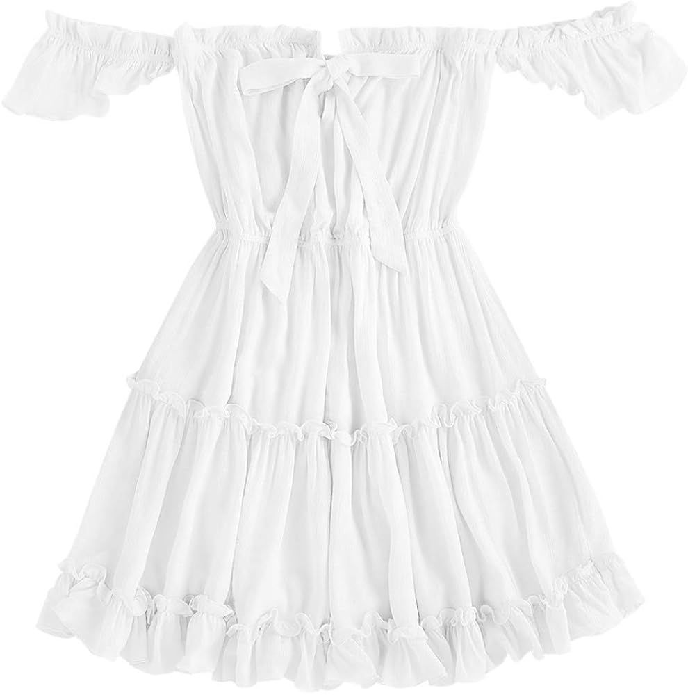 ZAFUL Women's Off Shoulder Short Sleeve Bowknot Ruffle Party Beach Mini Dress | Amazon (US)