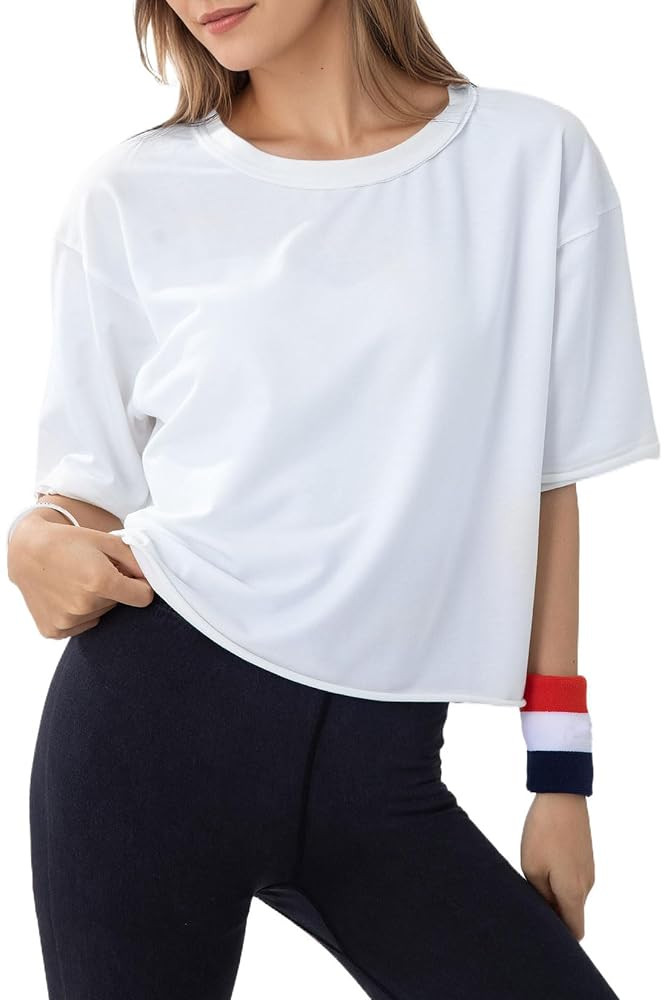 Women's Oversize Workout Crop Tops Casual Short Sleeve Drop Shoulder Boxy T-Shirts Roll Hem Basic... | Amazon (US)
