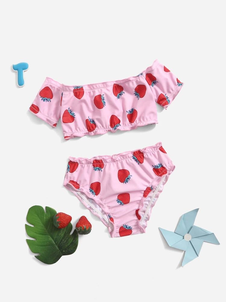 Toddler Girls Strawberry Print Bardot Bikini Swimsuit | SHEIN