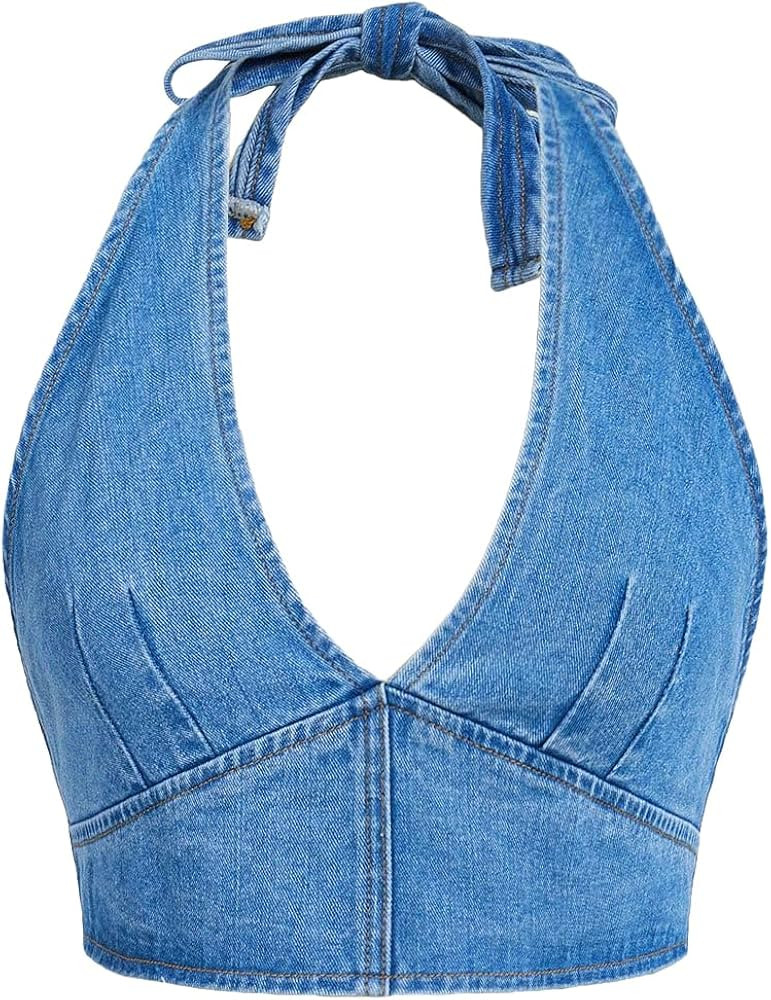Verdusa Women's Plus Size Knot Tie Backless Deep V Neck Sleeveless Denim Crop Halter Top | Amazon (US)