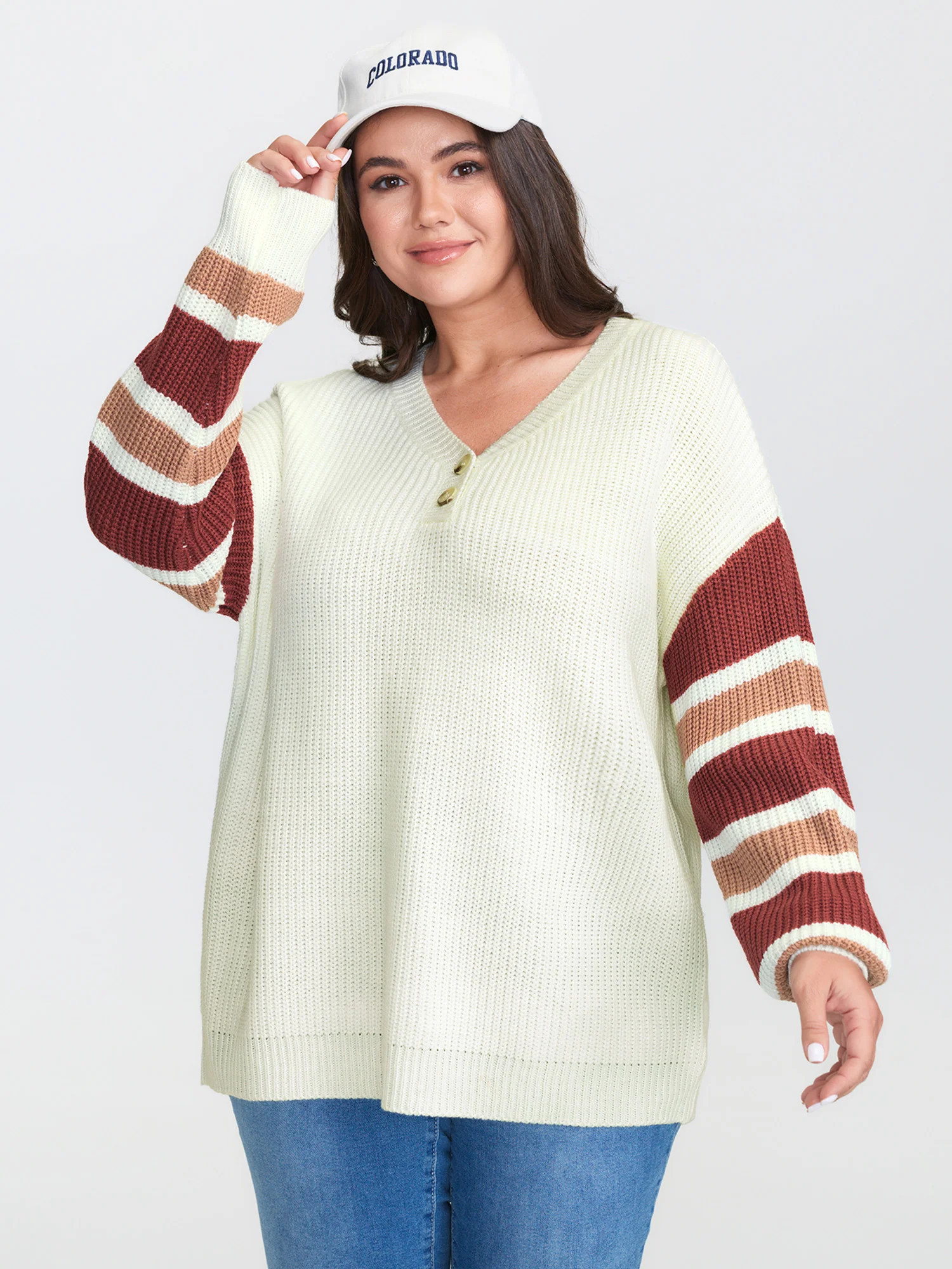Striped Sleeve Button Neckline Pullover | Bloomchic