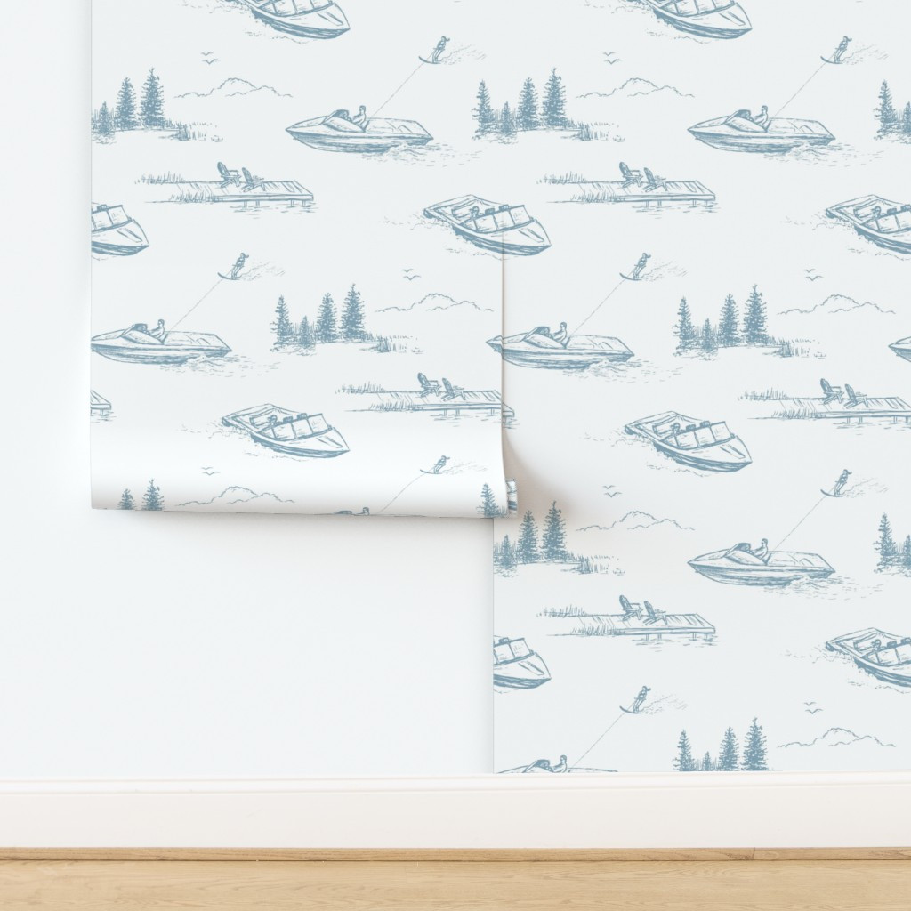 Lake House Wallpaper of Water Skiers on Boat in White & Blue Wallpaper | Spoonflower | Spoonflower