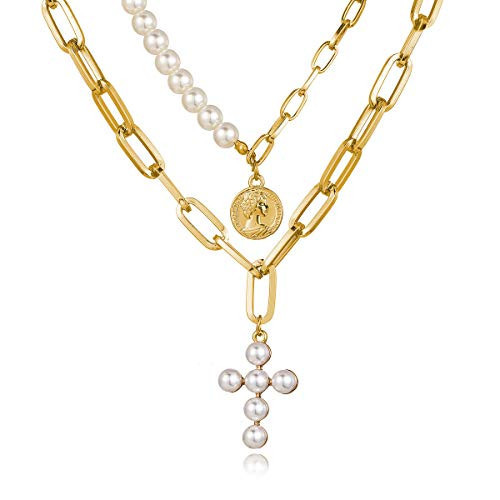 Layered Gold Pearl Corss Necklaces for Women Chunky Gold Necklace Stack Layered Cuban Paperclip Chain Necklace Retro Coin Dainty Pearl Cross Pendant Necklace | Amazon (US)