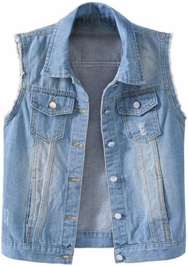Womens Denim Vest Jacket Sleeveless Washed Ripped Crop Jacket Candy Color | Amazon (US)