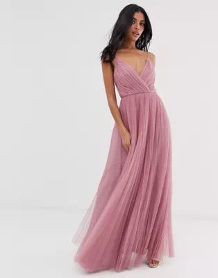 ASOS DESIGN cami pleated tulle maxi dress in rose | ASOS (Global)