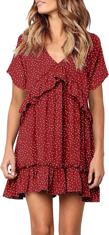 liher Women Summer Dress V Neck Short Sleeve Ruffle Casual Loose Swing Dresses | Amazon (US)