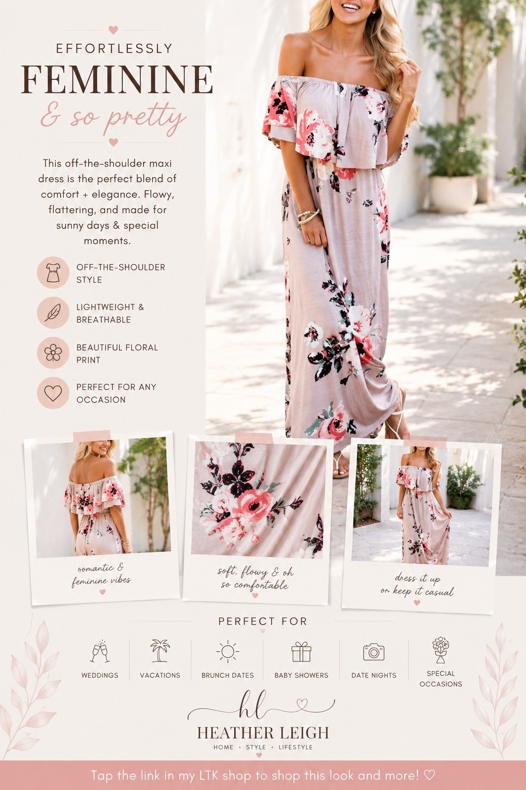 ✨ Soft florals, effortless elegance, and the perfect throw-on-and-go dress 🤍

This off-the-shoulder maxi is giving all the feminine, romantic vibes while still being so comfortable and easy to wear. Perfect for brunch, vacation dinners, baby showers, weddings, or summer nights out 🌸

I love how flowy and flattering it is one of those dresses that instantly makes you feel put together ✨

#heatherleighfinds #ltkstyle #maxidress #summerstyle #floraldress #femininefashion #vacationoutfit #effortlessstyle #brunchoutfit #romanticstyle