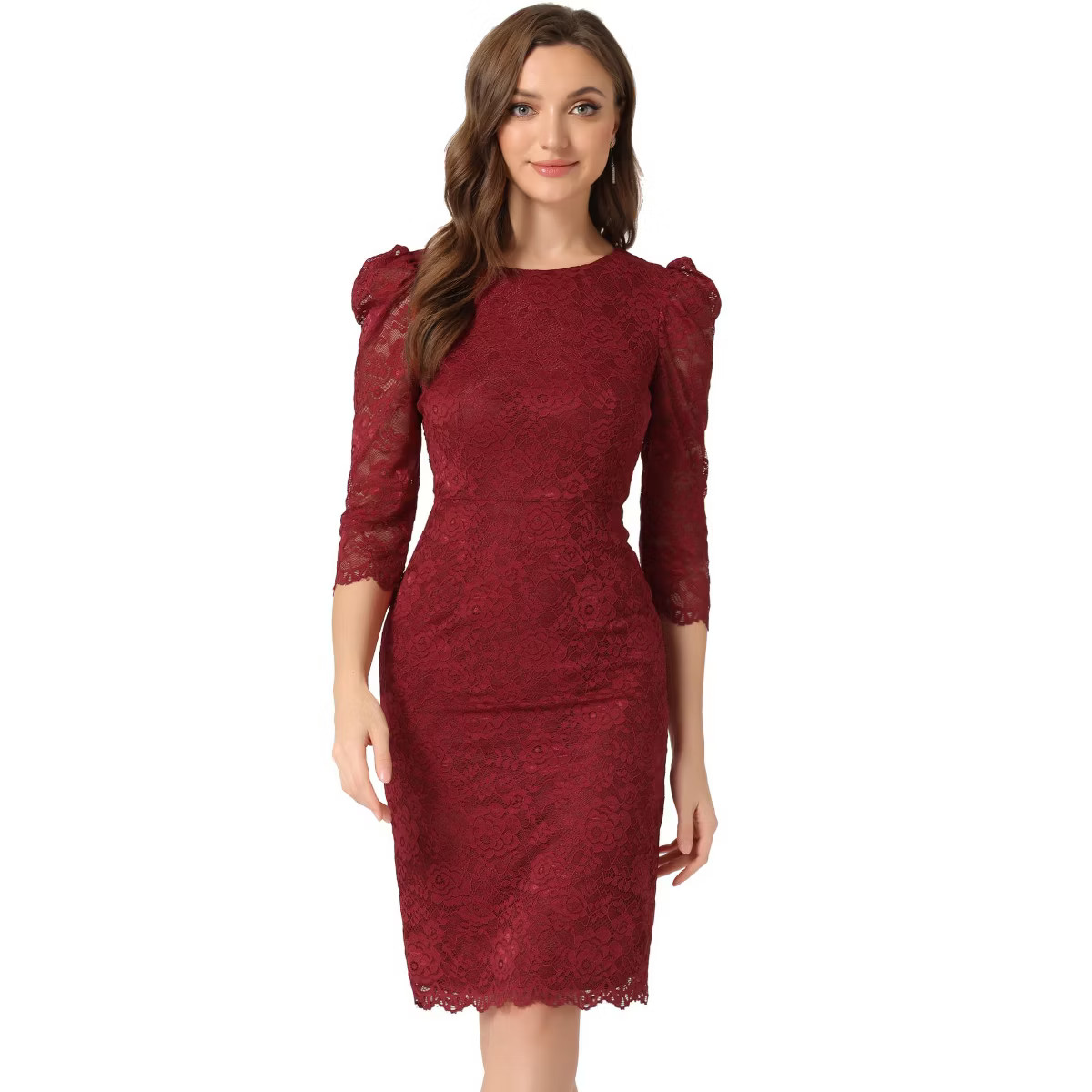 Allegra K Women's Crewneck 3/4 Sleeve Floral Lace Hidden Zipper Bodycon Dress | Target
