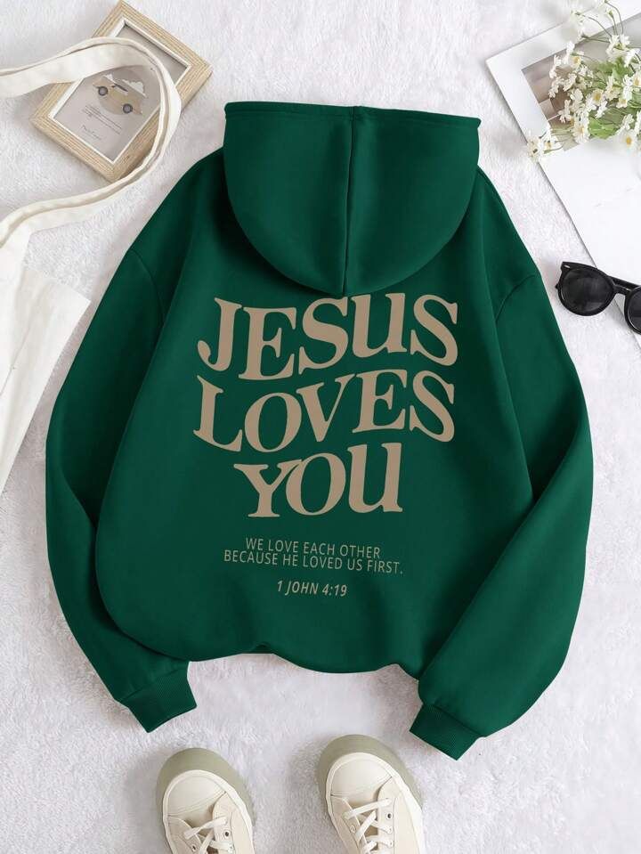 Women's Jesus Letter Print Hoodie With Back Design | SHEIN