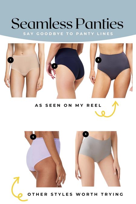 Seamless panties I love and worth trying. Say goodbye to panty lines while having full coverage! 
1- Chantelle soft stretch brief 
2- Spanx EcoCare sculpting brief (use code CARALYN10)
3- Soma vanishing edge brief 
4- Tommy John air high rise brief (use code CARALYN25)
5- FallSweet no show brief 

#LTKmidsize #LTKstyletip #LTKworkwear