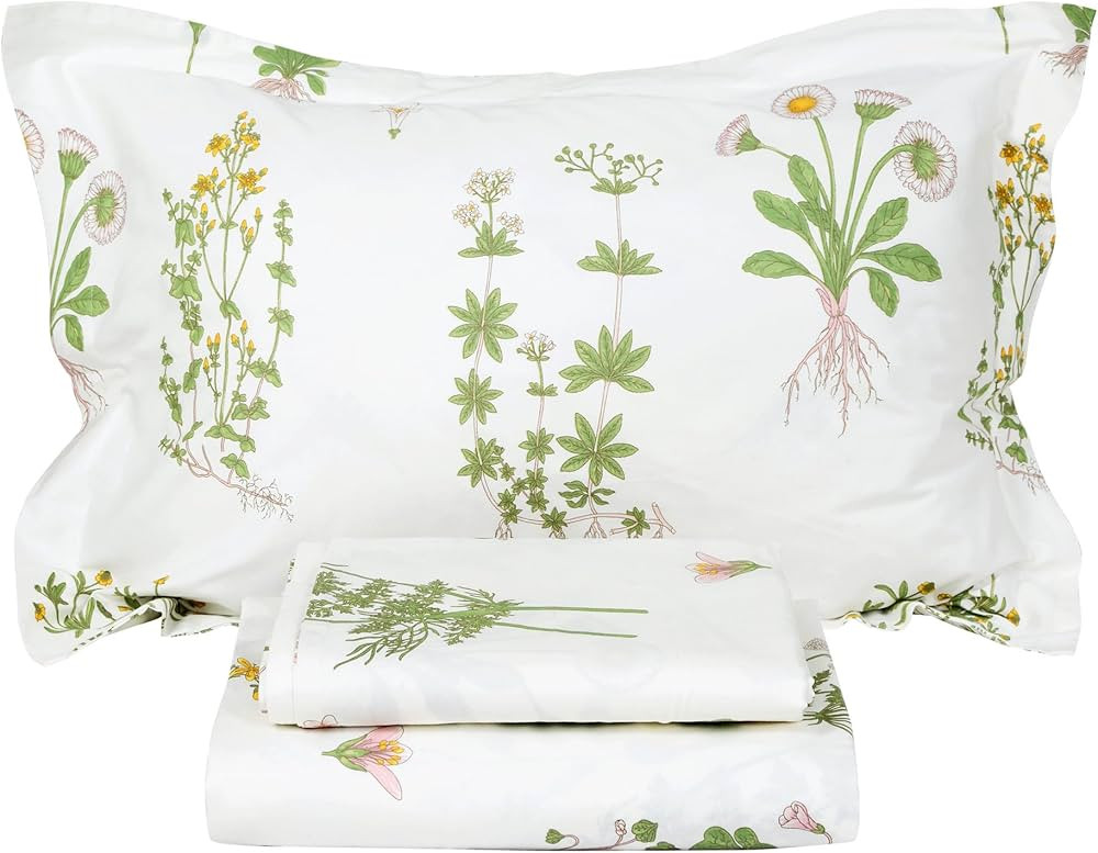 FADFAY Shabby Green Floral Sheet Set 100% Cotton Bed Sheet Set Green White Natural Hypoallergenic... | Amazon (US)