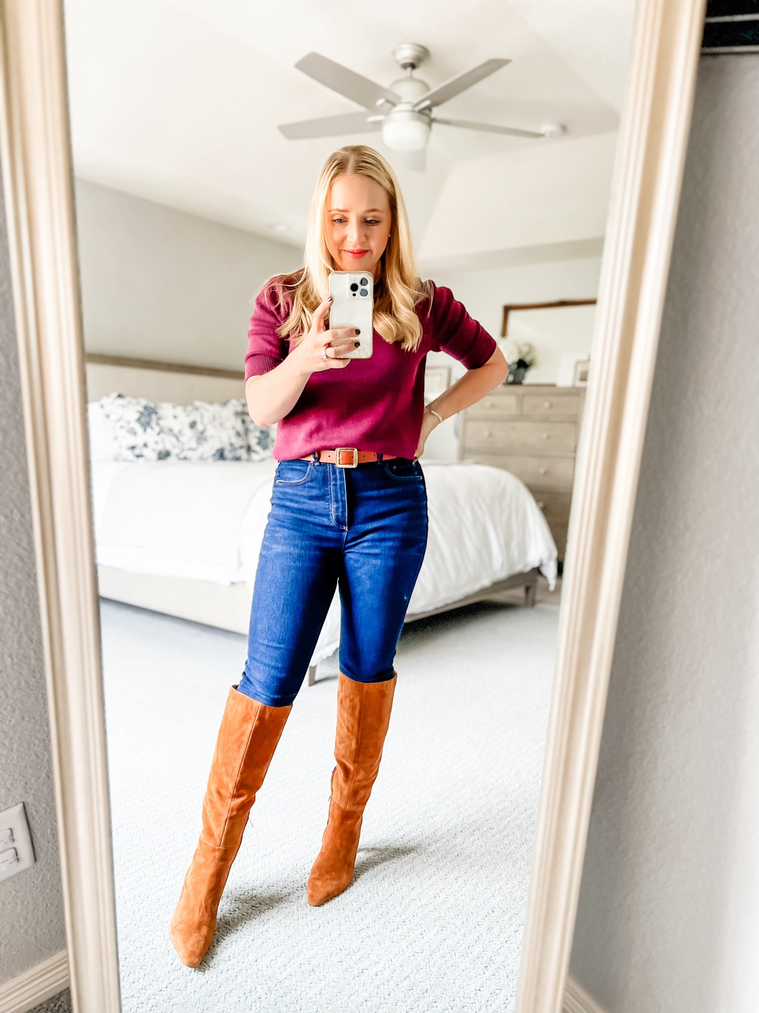 This sweater is still stocked in black and I love the short sleeve style for fall when it’s still warm out. Wearing small petite and fits tts. Rounding up other burgundy fall tops. Skinny jeans are older from Ann Taylor and I wear a 4 petite, fit tts. Boots come in wide calf for women with thicker legs, fit tts. 
Fall outfit, petite outfit, burgundy sweater, jeans, petite jeans, boots, knee high boots. 

#LTKSeasonal #LTKFindsUnder100 #LTKSaleAlert