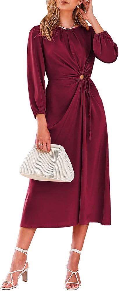 PRETTYGARDEN Women's 2023 Satin Maxi Dress Puff Long Sleeve Crewneck Cutout Casual A-line Long Fl... | Amazon (US)