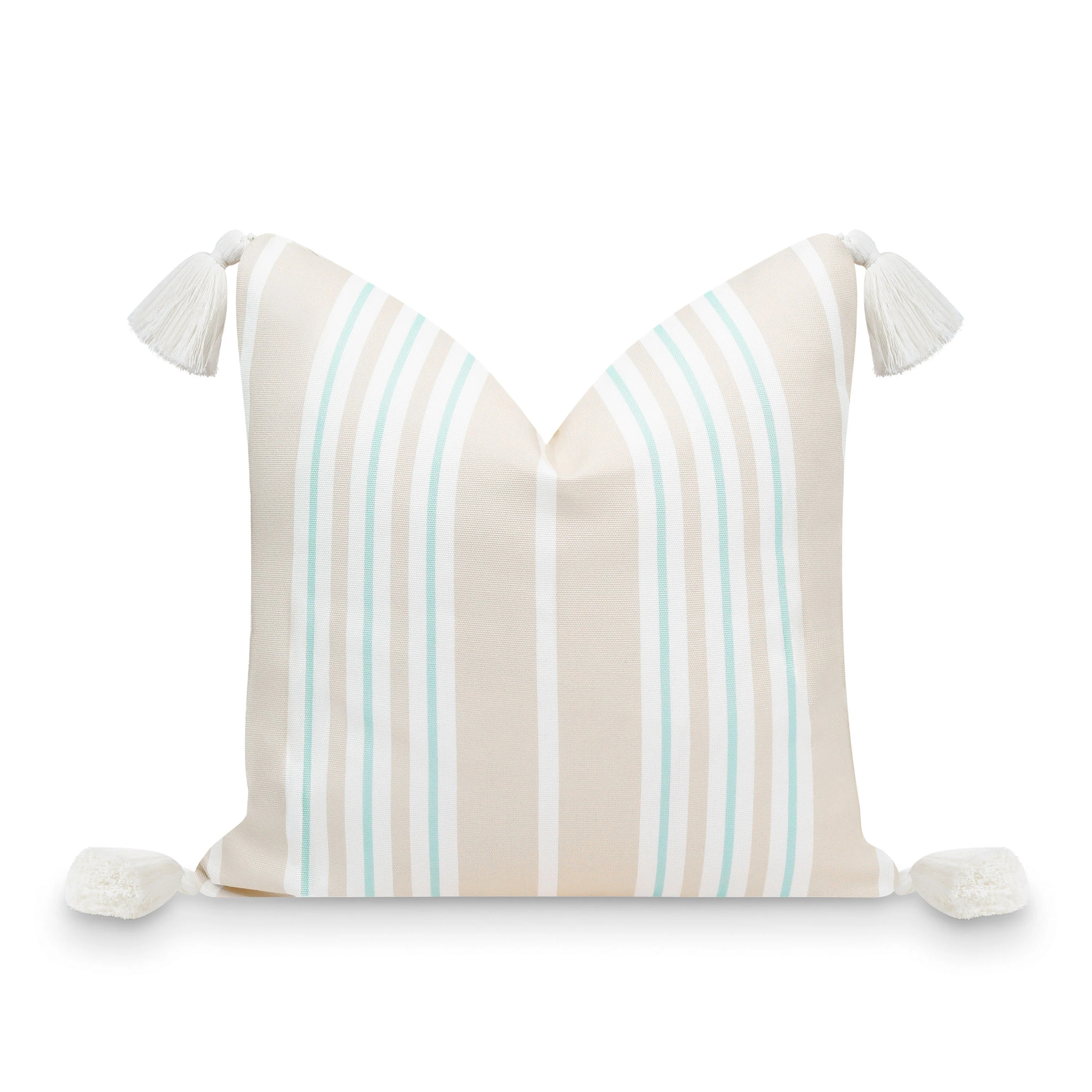 Fall Coastal Indoor Outdoor Pillow Cover, Stripe Tassel, Muted Aqua Neutral Tan, 18 | Hofdeco