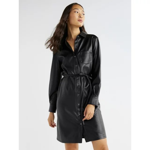 Time and Tru Women's Belted Faux Leather Shirt Dress, Sizes XS-XXL - Walmart.com | Walmart (US)