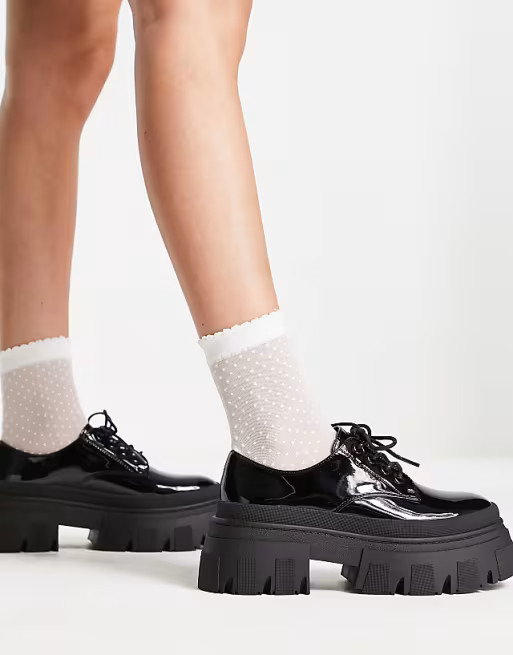 ASOS DESIGN Magda chunky lace up flat shoes in black patent | ASOS (Global)