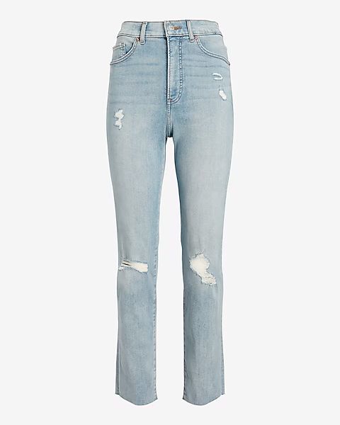 Super High Waisted Supersoft Ripped Raw Hem Slim Jeans | Express