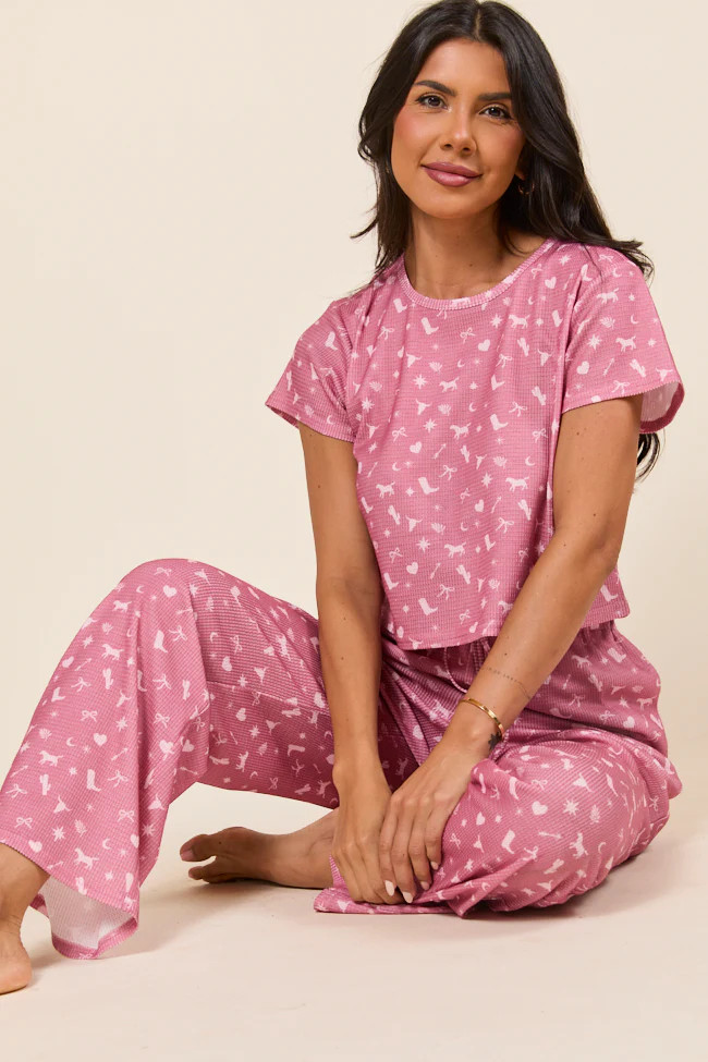 Lainey Waffle Knit Pink Western Icon Pajama Top | Pink Lily