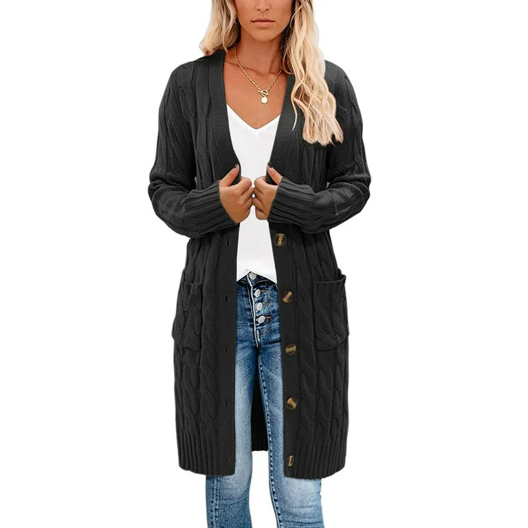 Women's Long Cardigan Coat Open Front Cable Knit Casual Loose Sweater Outwear with Pocket | Walmart (US)