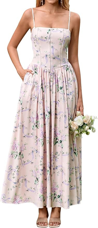 KUTUMAI Floral Corset Long Maxi Dress Lace Up Flowy A Line Summer Wedding Guest Dresses for Women... | Amazon (US)