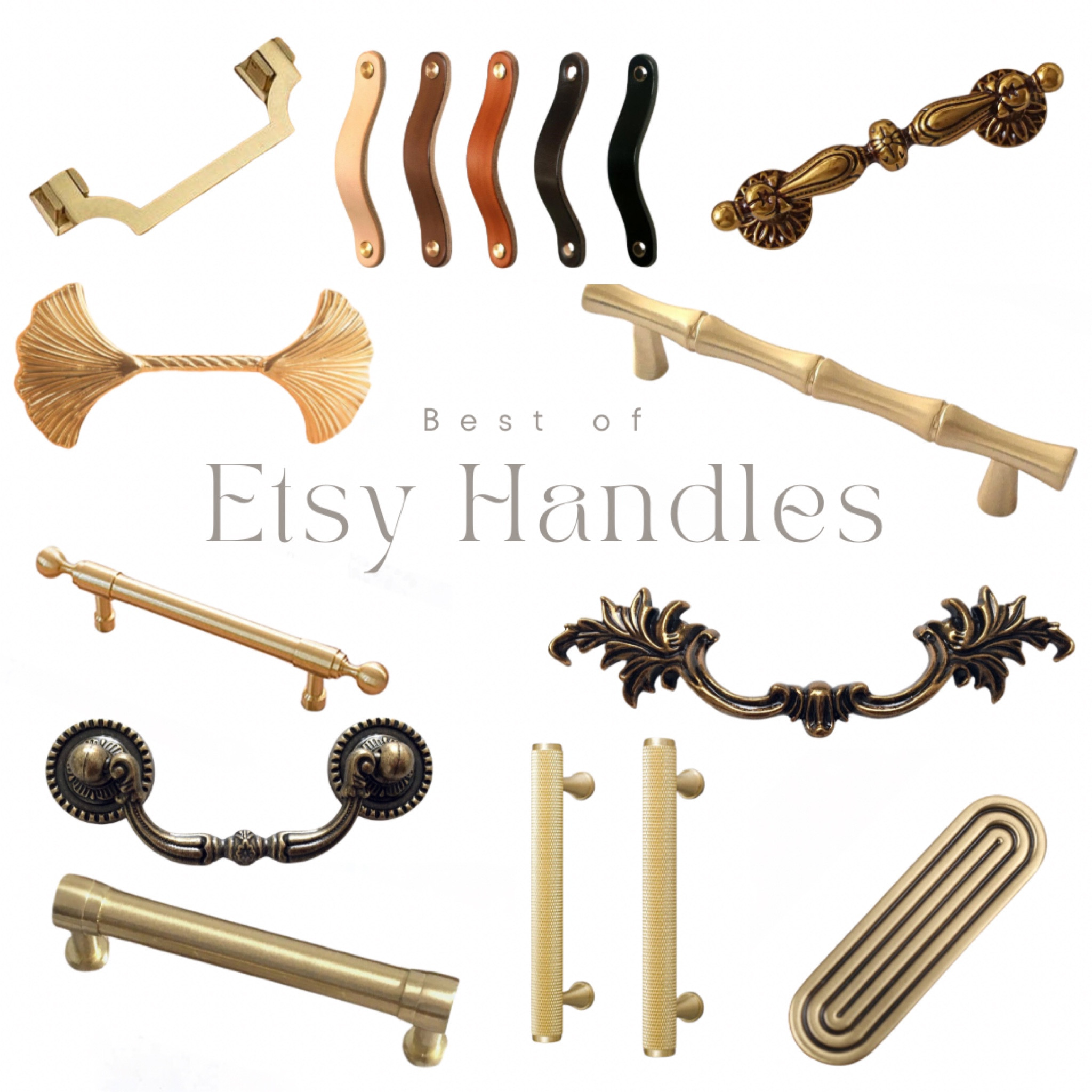 In this image, I've put together a collection of some of the best handles available on Etsy. Each handle has a unique design and finish, showcasing a variety of styles from sleek and modern to ornate and vintage. The finishes include brushed gold, brass, copper, and black, offering a diverse selection for different tastes and decor styles. This compilation highlights the craftsmanship and aesthetic appeal of these handles, making them great choices for upgrading furniture or cabinetry.

#LTKHome