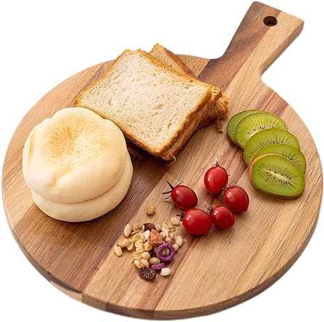 Round Acacia Wood Cutting Board with Handle, Wood Serving Board Round Cheese Board Charcuterie Bo... | Amazon (US)