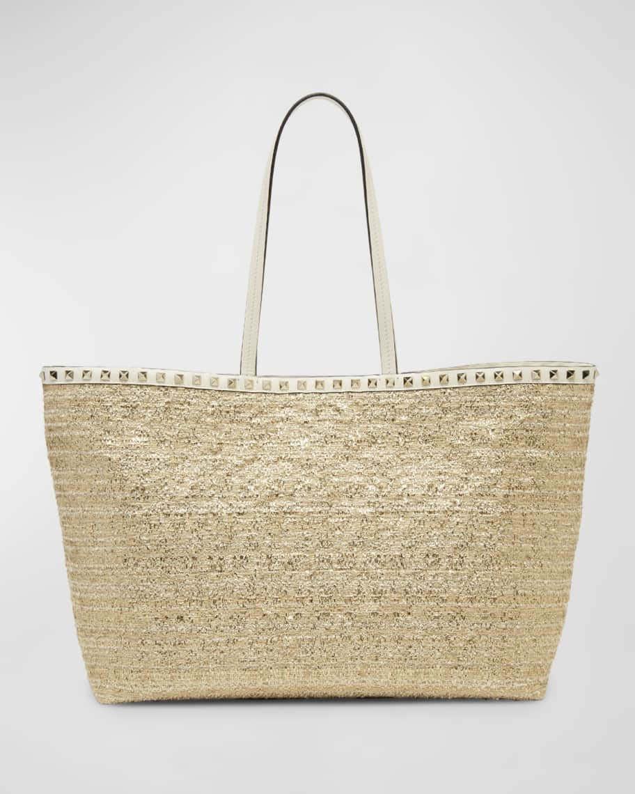 Valentino Garavani Rockstud Boucle Metallic Raffia Tote Bag | Neiman Marcus