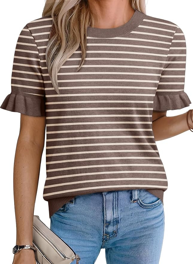 EVALESS Womens Wool Blend Short Sleeve Sweater Knit Tops | Lightweight Soft Wool Blend Knit,Cozy ... | Amazon (US)