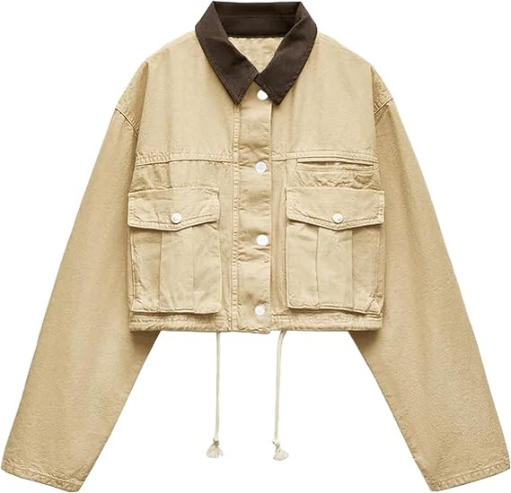 Womens Cropped Jacket Contrast Collar Utility Coat Cargo Jacket Barn Jacket Outwear with Pockets | Amazon (US)