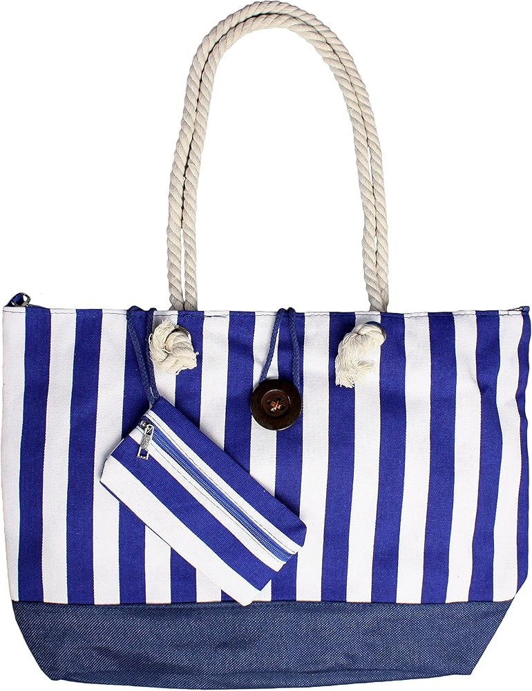 Heavy Duty Canvas Beach Bag Large Tote with Inner Lining - Blue/White | Amazon (US)