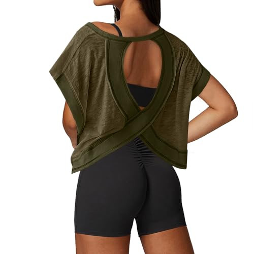 UNIANKIYA Open Back Workout Tops for Women Loose Fit Athletic Crop Tee Short Sleeve Gym Running Yoga Shirt Army Green | Amazon (US)