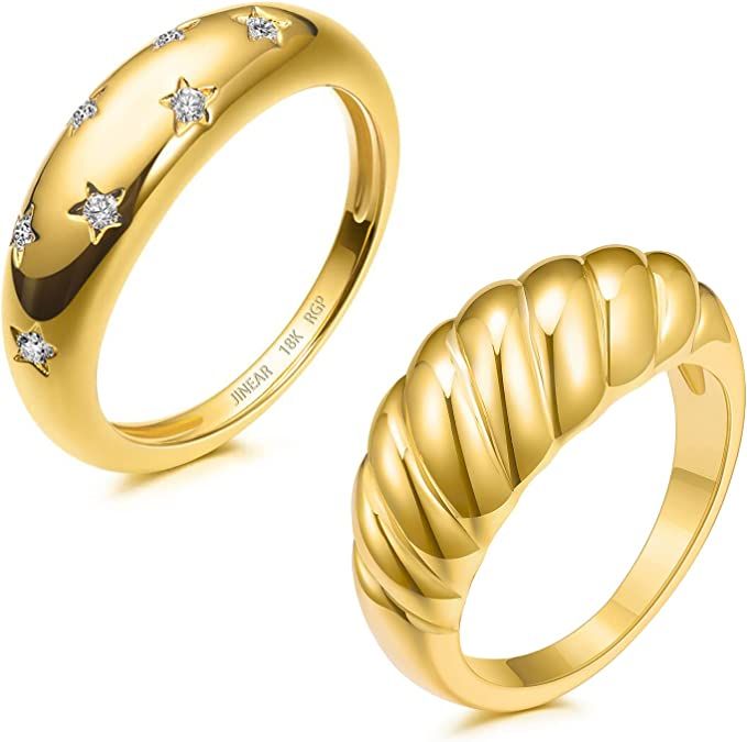 JINEAR 18k Gold Plated Croissant Braided Twisted Signet Chunky Dome Ring Stacking Star Band for W... | Amazon (US)