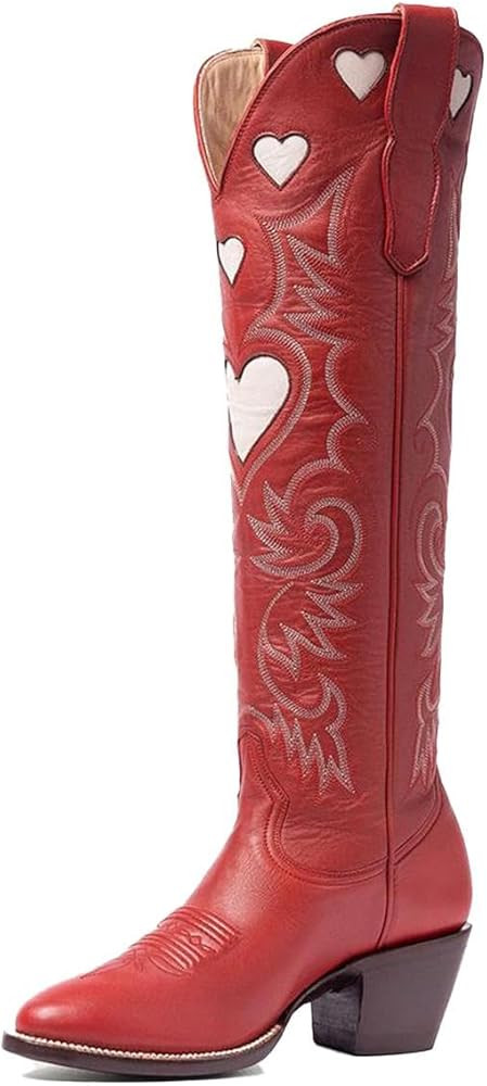 Amazon.com | Huntarry Women Western Cowboy Boots Classical Red Embroidered Inlay Heart Wide Calf ... | Amazon (US)