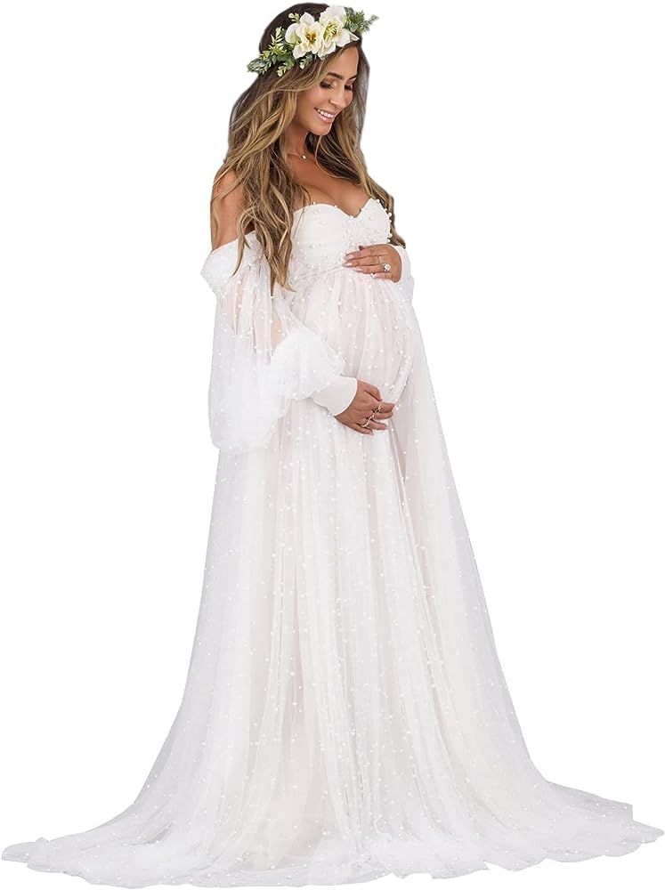 yinyyinhs Pearl Tulle Maternity Dress for Photoshoot Long Puffy Sleeve Off Shoulder Maternity Gow... | Amazon (US)