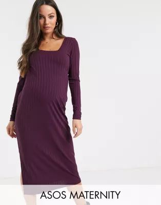 ASOS DESIGN Maternity long sleeve square neck rib midi dress | ASOS (Global)