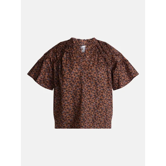 Scenario Women's Gathered Cotton Voile Top with Short Sleeves, Size XS-XXXL | Walmart (US)