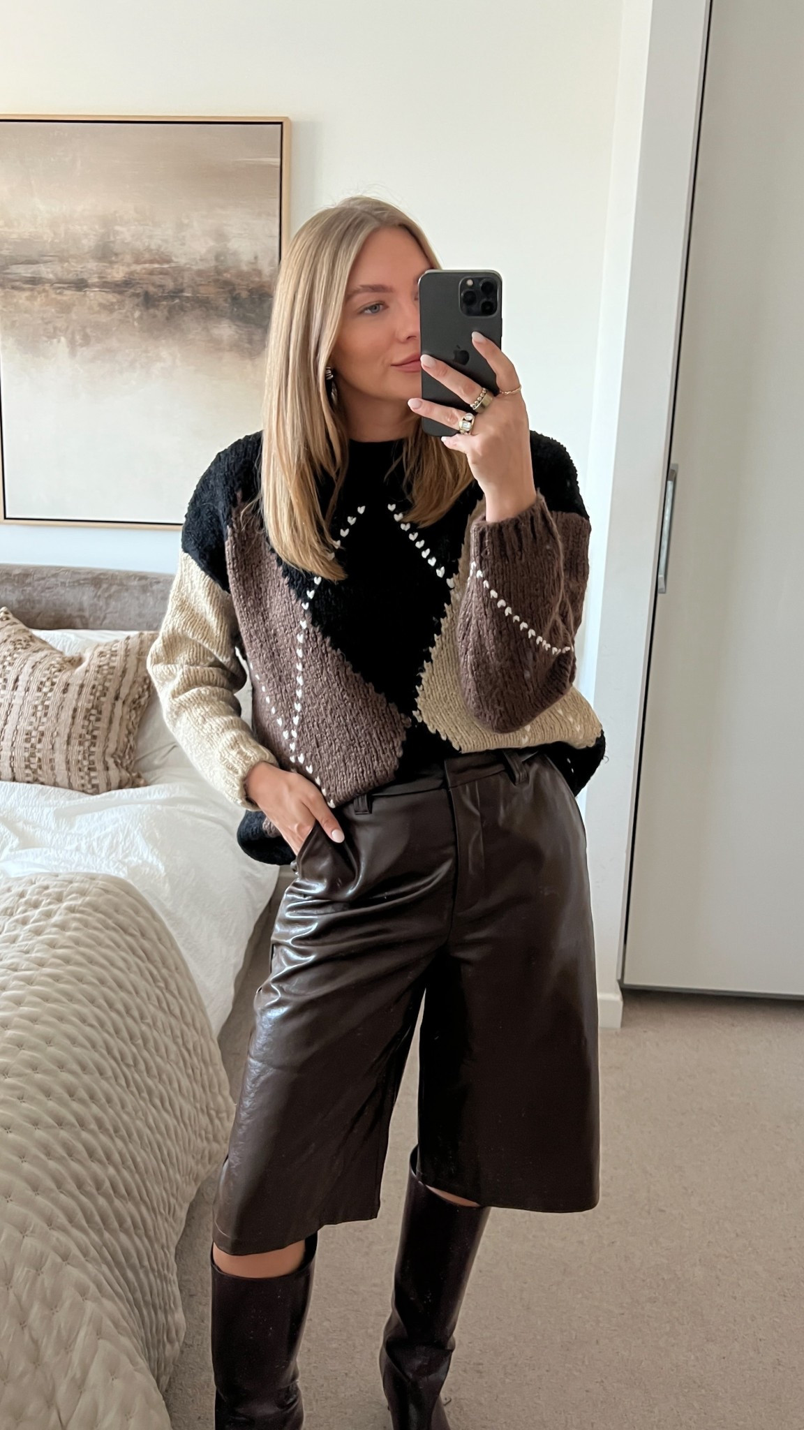 Zara diamond knit & faux leather shorts - I am quite obsessed with these long line shorts & knee high boots right now! 