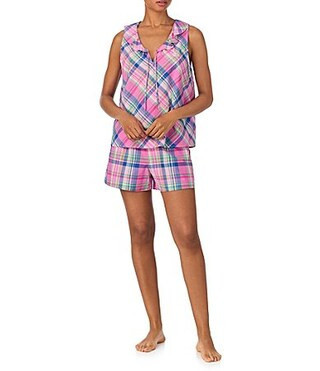 Lauren Ralph Lauren Sleeveless Flutter Neck Woven Plaid Shorty Pajama Set -  S | Dillard's